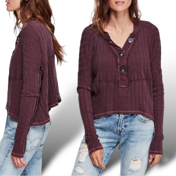 Free People Bohemian Grunge Ribbed Henley Boxy Top Raw Hem Plum Wine Size XS - Picture 3 of 17